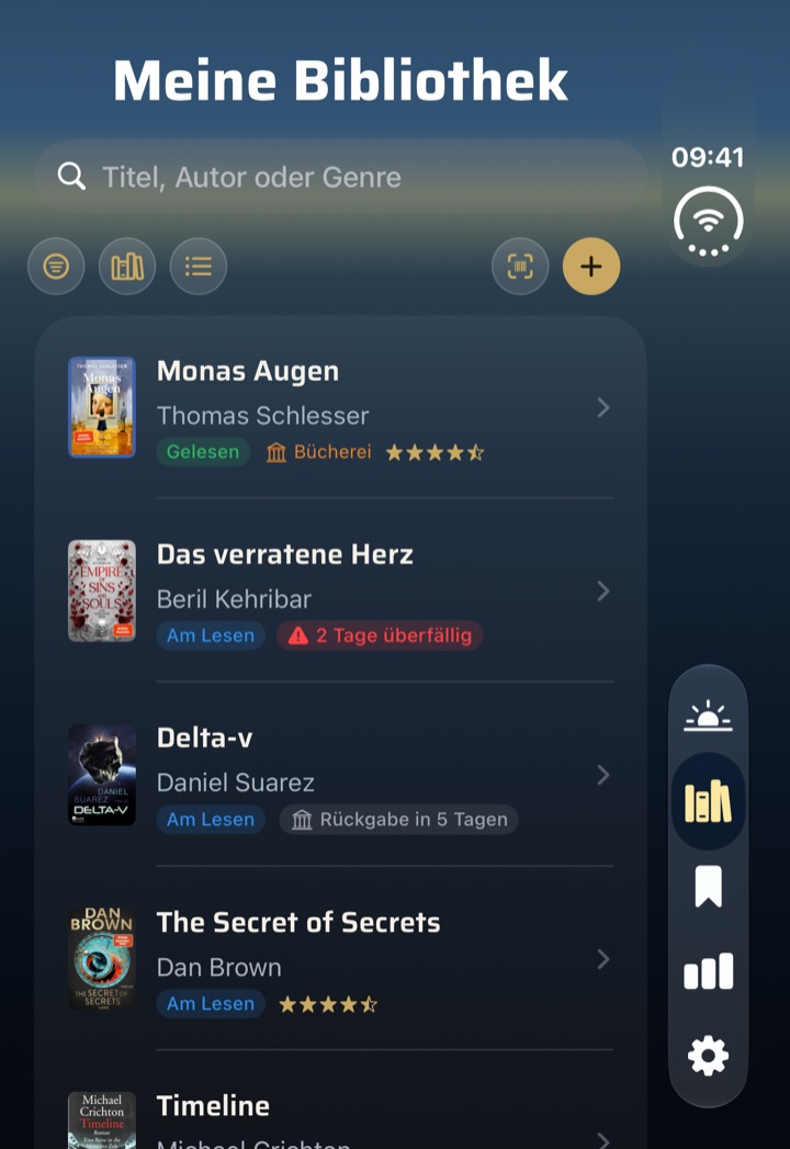 BookSafe zugeklappt auf dem iPhone Duo: Bibliothek mit senkrechter Leiste am rechten Rand