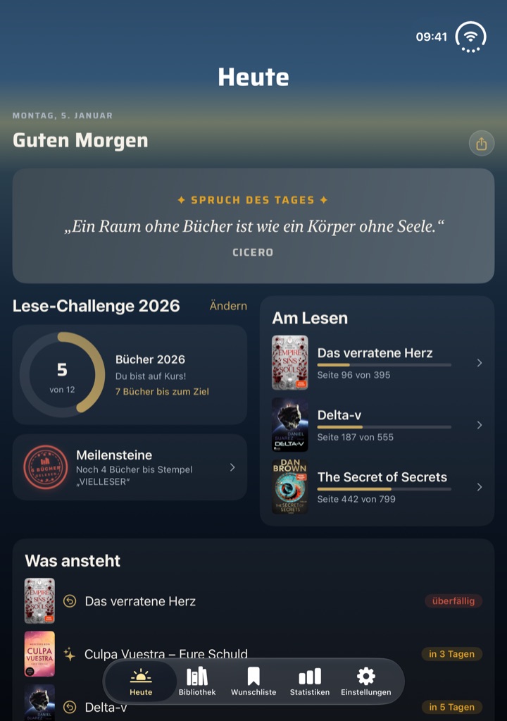 BookSafe aufgeklappt auf dem iPhone Duo: Heute-Tab zweispaltig mit Lese-Challenge und Am-Lesen-Liste