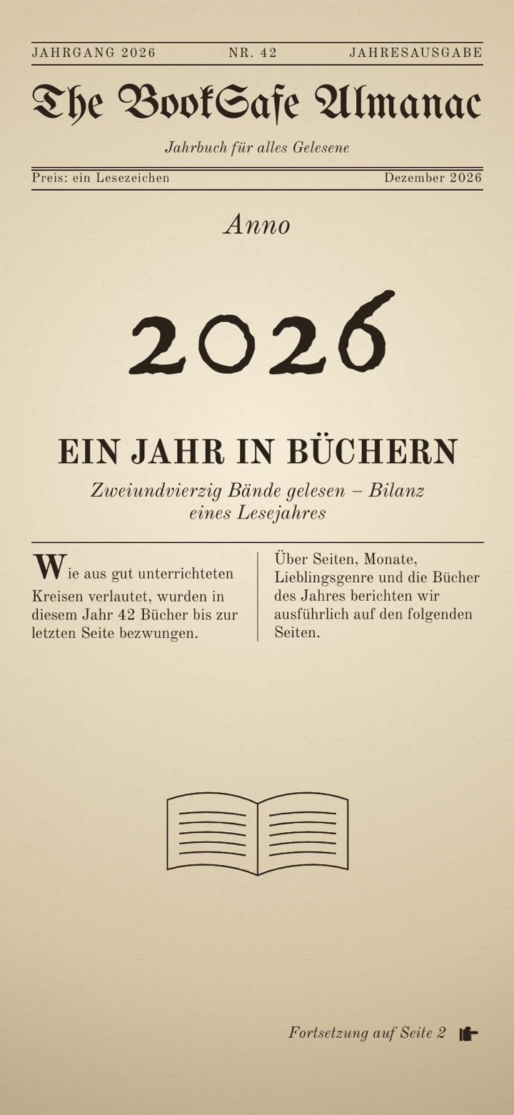 Filmdesign Almanach: Titelseite der Zeitung „The BookSafe Almanac“, Jahrgang 2026