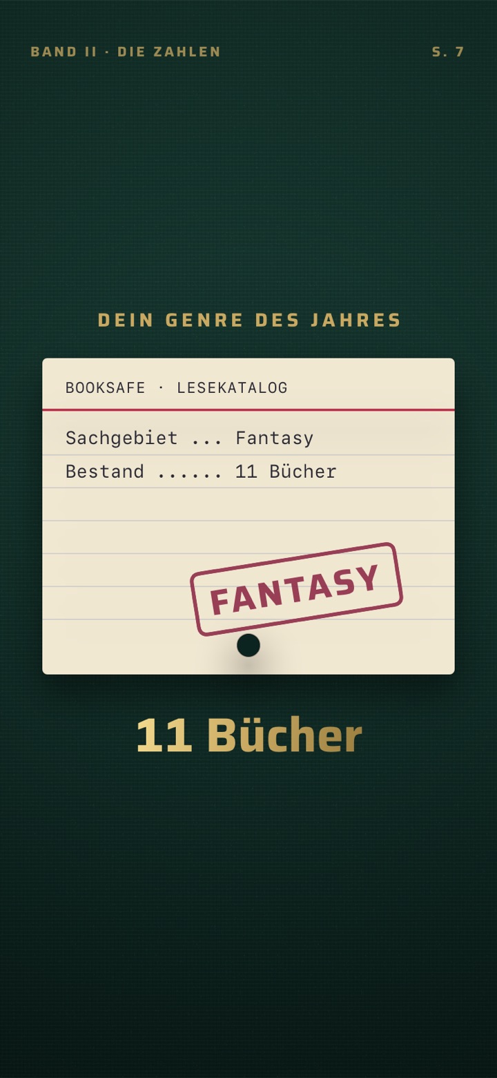 Filmdesign Einband: Karteikarte „Lesekatalog“ mit Stempel „Fantasy“ auf grünem Leinen