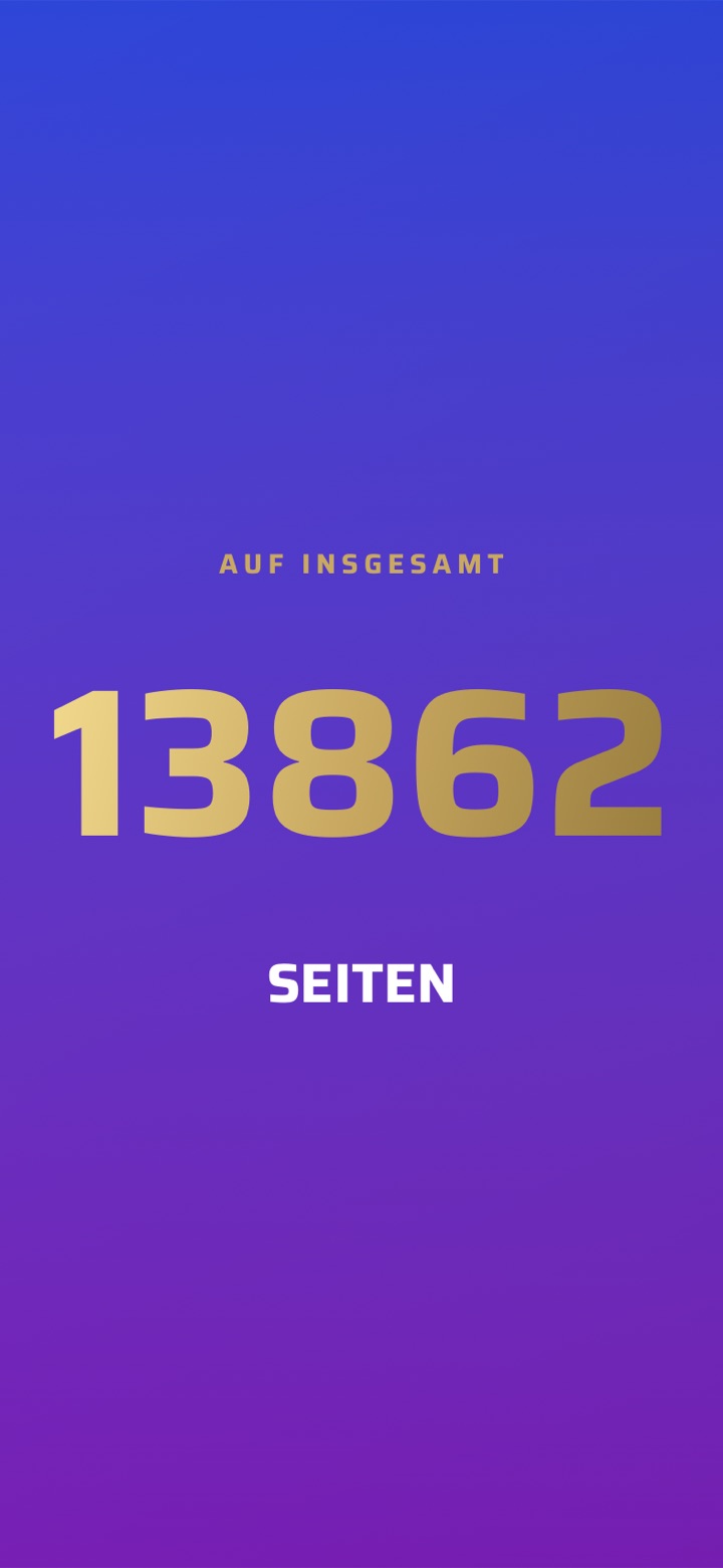 Filmdesign Glanz: „Auf insgesamt 13862 Seiten“ in goldenen Ziffern auf blau-violettem Verlauf