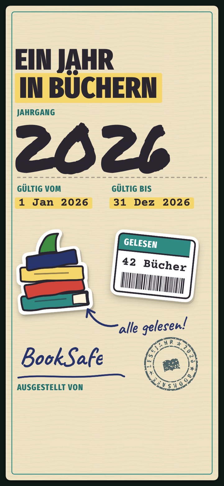 Filmdesign Lesepass: Titelseite „Ein Jahr in Büchern“, Jahrgang 2026, mit Ticket „42 Bücher“ und Stempel
