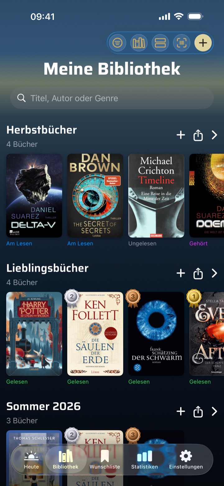 Ansicht „Eigene Listen“ mit Cover-Karussells je Liste