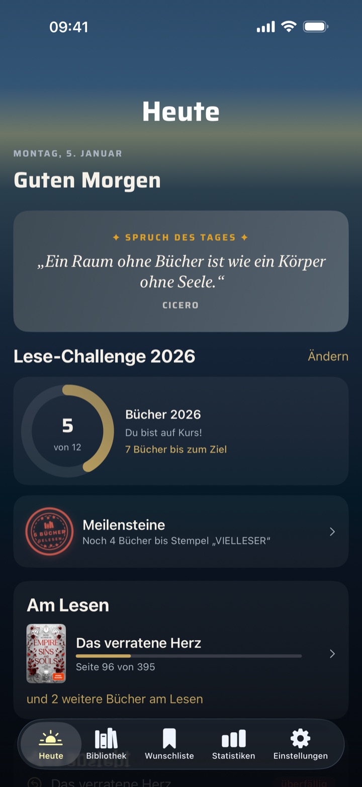 Heute-Tab mit Spruch des Tages und Jahresziel