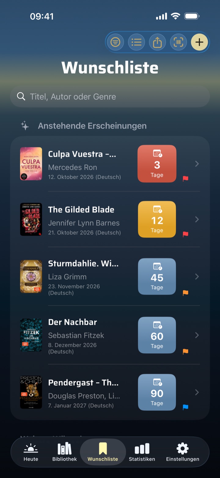Wunschliste in BookSafe: anstehende Erscheinungen mit Countdown in Tagen