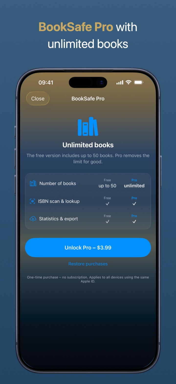 BookSafe Pro — one-time purchase instead of a subscription