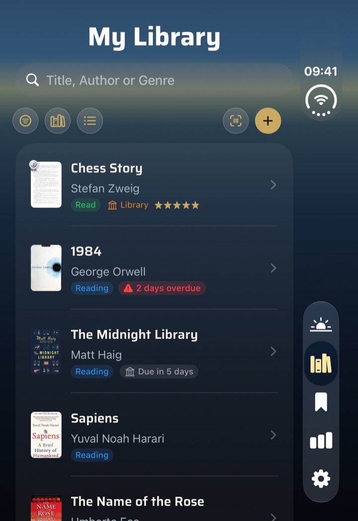 BookSafe folded on iPhone Duo: the library with a vertical bar along the right edge