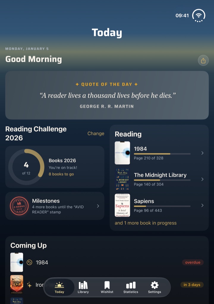 BookSafe unfolded on iPhone Duo: the Today tab in two columns with reading challenge and currently reading