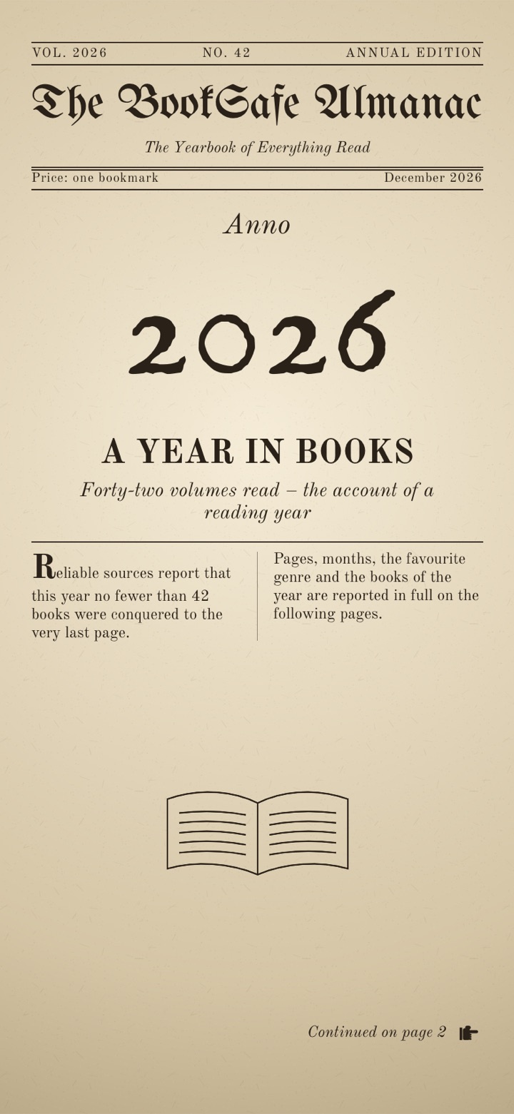 Almanac film design: front page of “The BookSafe Almanac”, 2026 edition