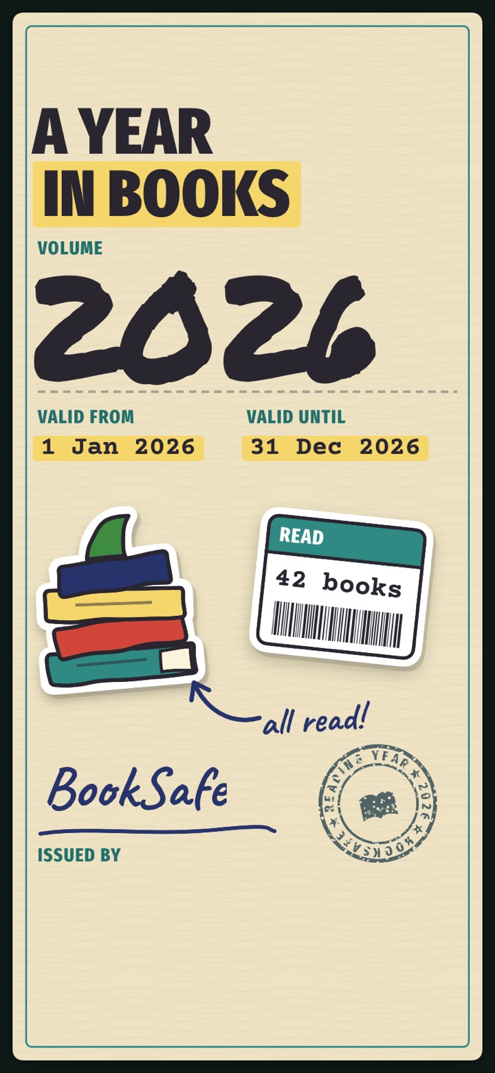 Passport film design: title page “A Year in Books”, 2026 volume, with a “42 books” ticket and a stamp