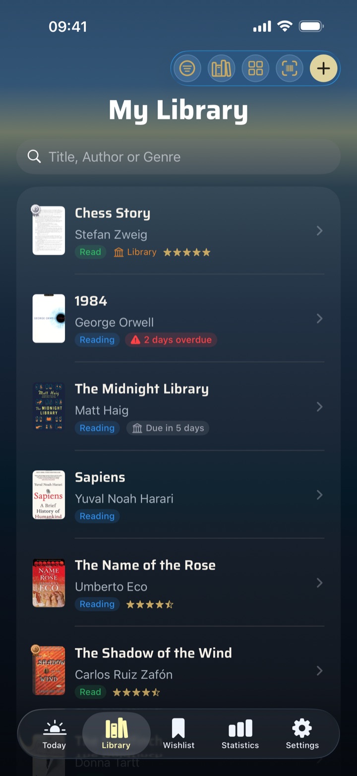 Library with reading status and loan due dates
