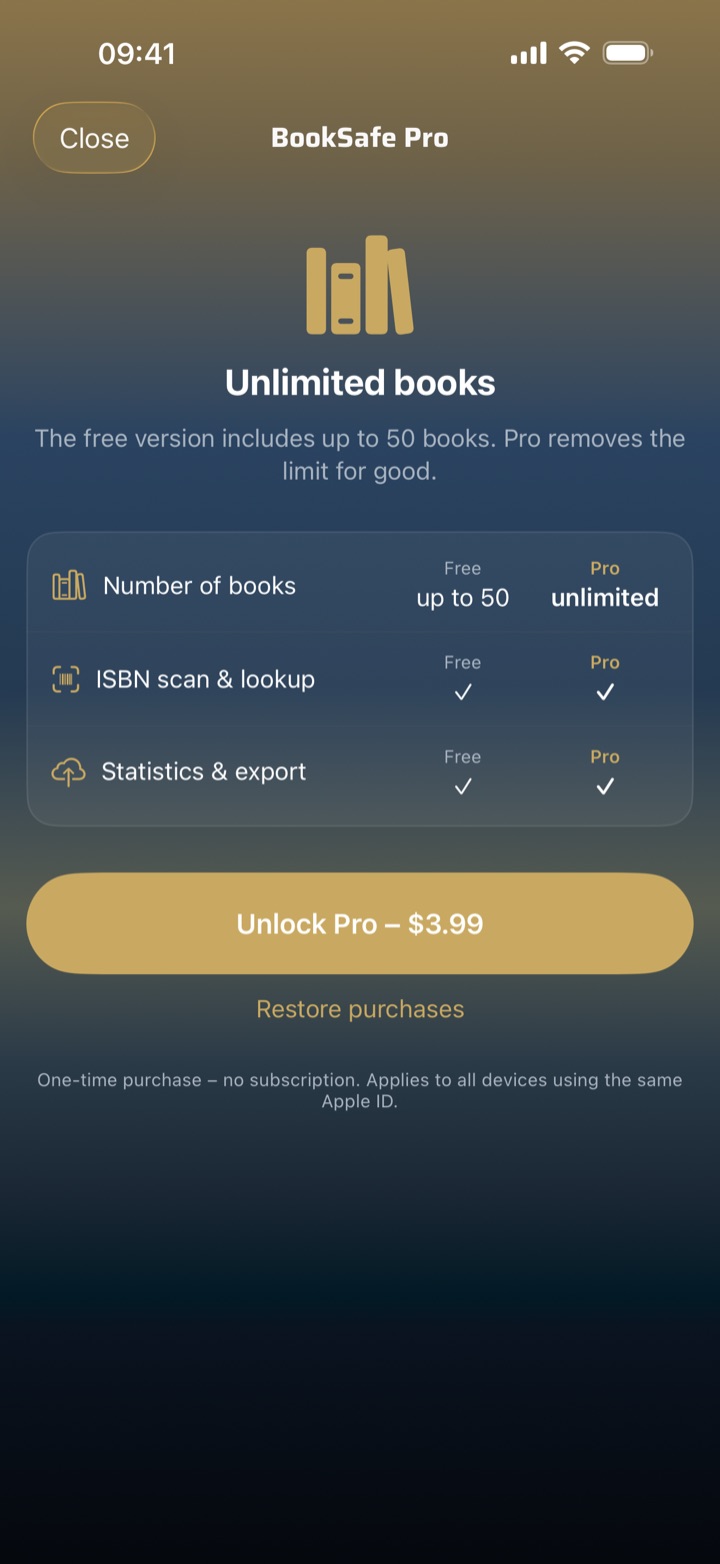 BookSafe Pro — one-time purchase instead of a subscription