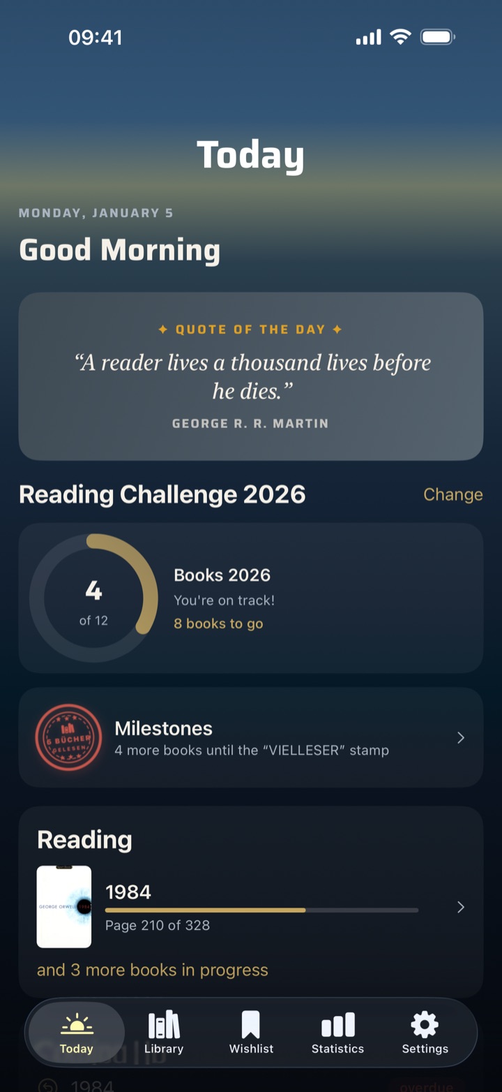 Today tab with quote of the day and yearly goal